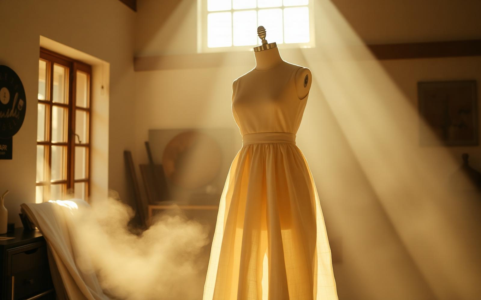 Vestido de lino terminado en un taller con luz dorada